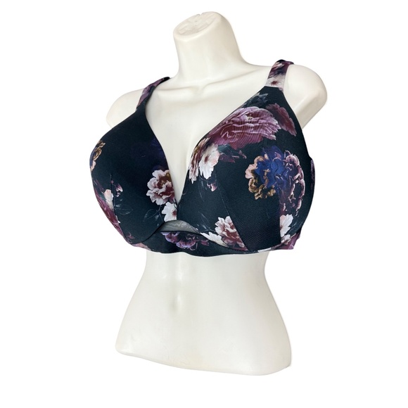 Cacique Black Purple Floral Lightly Lined Plunge Bra Women's Size 46DD - Picture 5 of 15